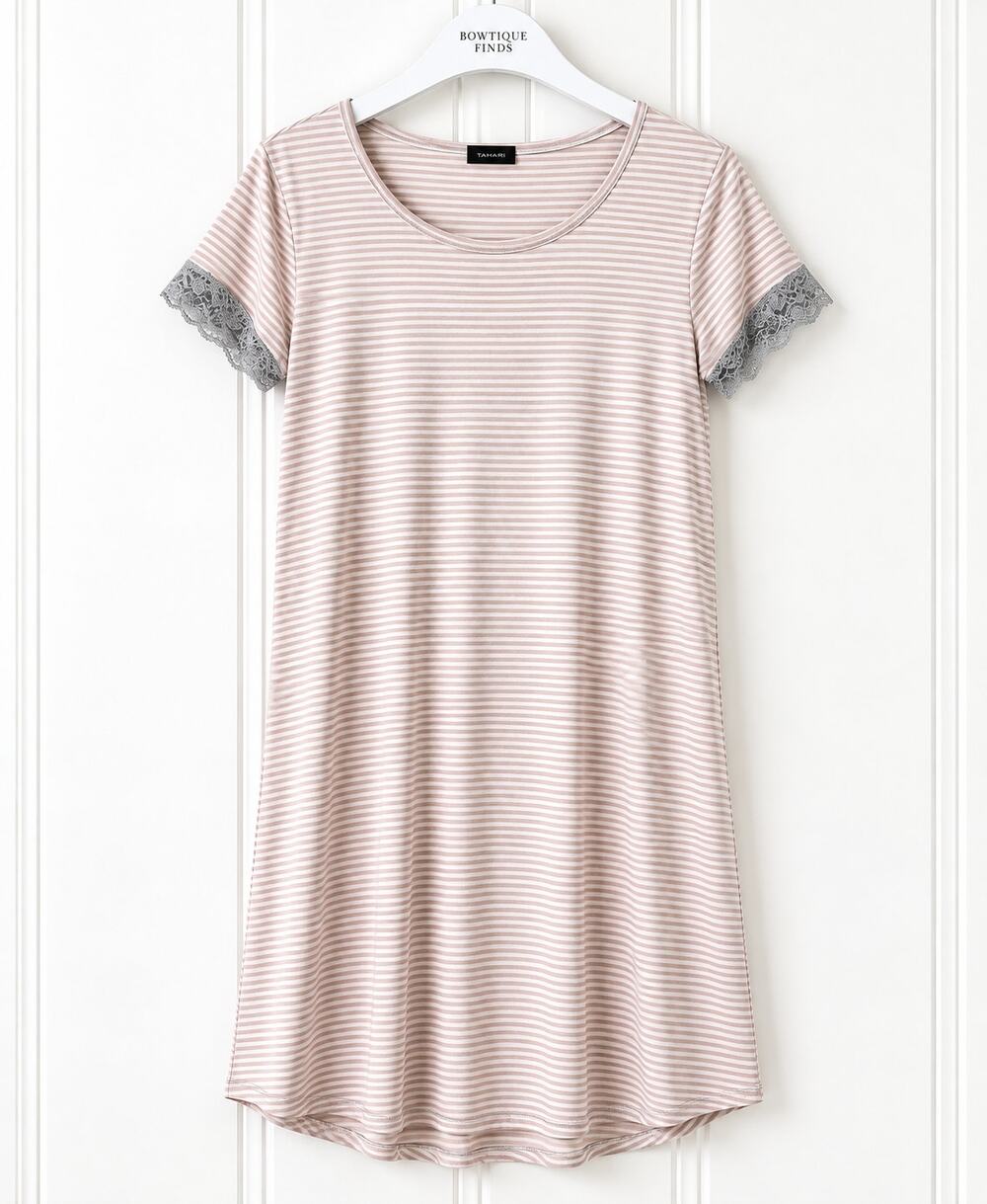 Tahari Nightgown Womens M Pink Gray Stripe Lace Sleeve Short Sleeve Sleep Dress